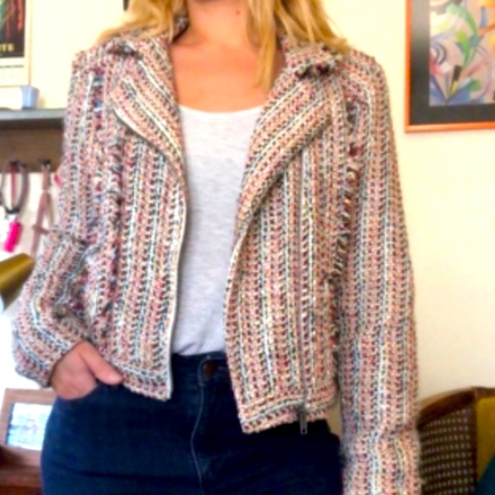 Multi colored tweed motorcycle jacket american rag cream  casual boho fall